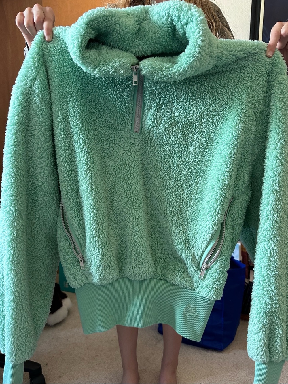 Cozy Mint Quarter-Zip Sherpa Pullover Hoodie